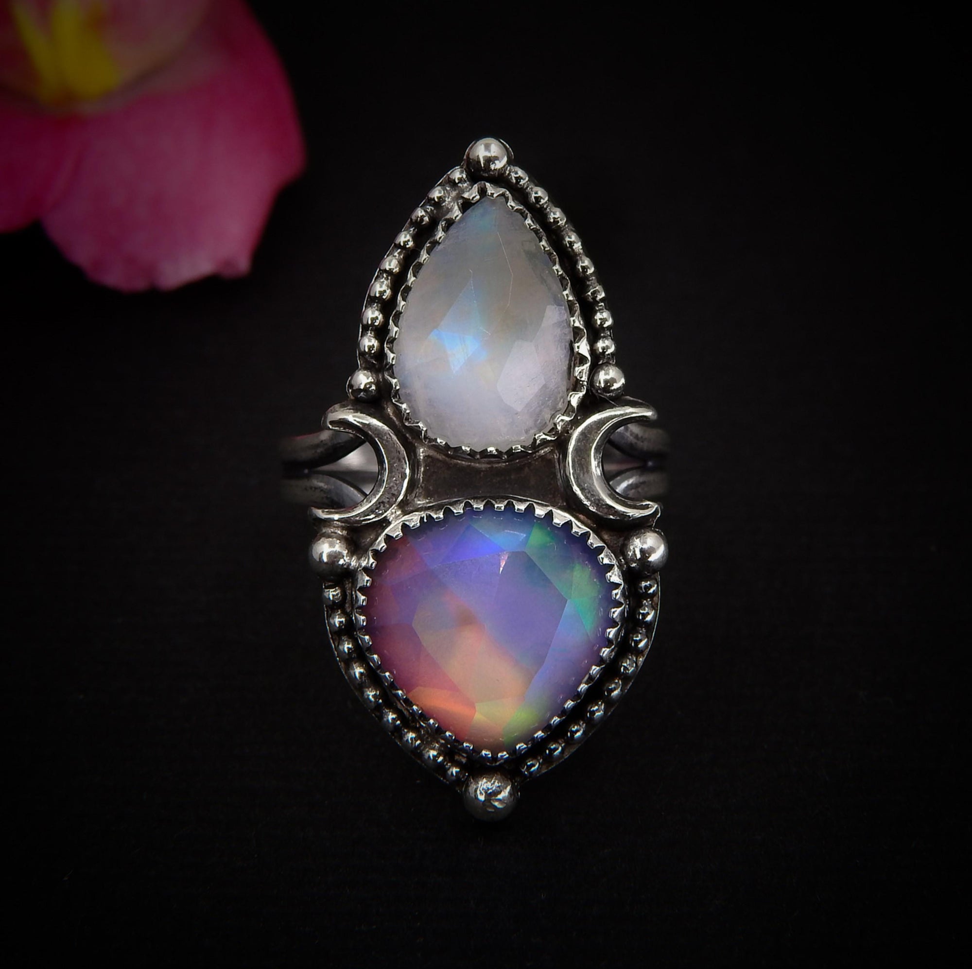 Rose Cut Clear Quartz with Aurora Opal & Moonstone Ring - Size 7 1/4 - Sterling Silver - Rainbow Opal Crescent Moon Celestial Jewelry