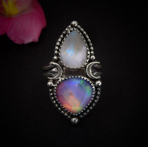 Rose Cut Clear Quartz with Aurora Opal & Moonstone Ring - Size 7 1/4 - Sterling Silver - Rainbow Opal Crescent Moon Celestial Jewelry
