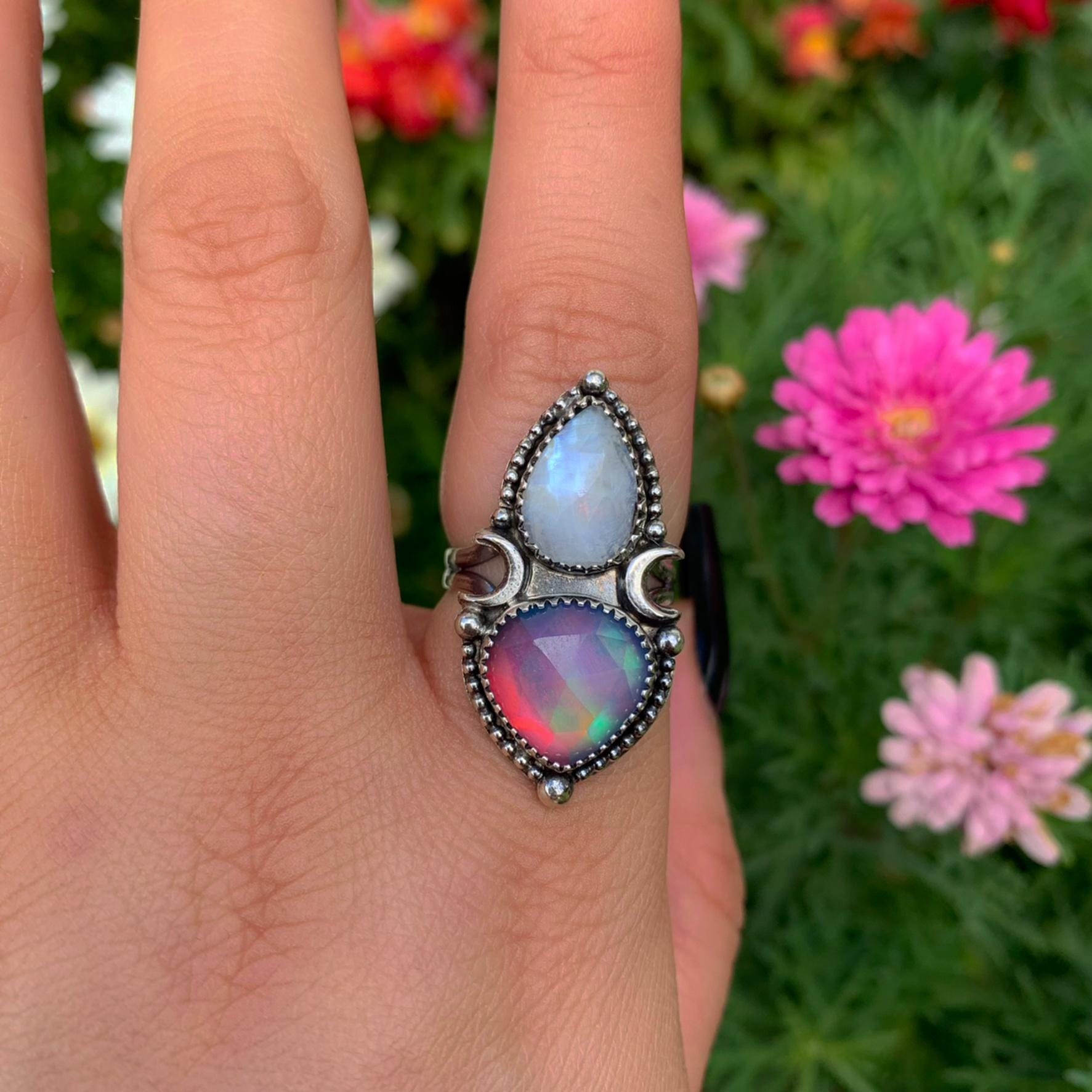 Rose Cut Clear Quartz with Aurora Opal & Moonstone Ring - Size 7 1/4 - Sterling Silver - Rainbow Opal Crescent Moon Celestial Jewelry