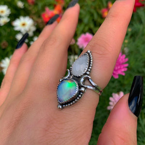 Rose Cut Clear Quartz with Aurora Opal & Moonstone Ring - Size 7 1/4 - Sterling Silver - Rainbow Opal Crescent Moon Celestial Jewelry