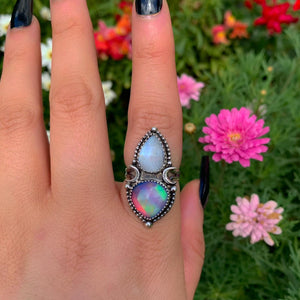 Rose Cut Clear Quartz with Aurora Opal & Moonstone Ring - Size 7 1/4 - Sterling Silver - Rainbow Opal Crescent Moon Celestial Jewelry