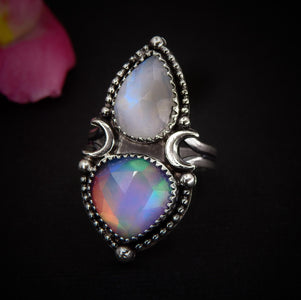 Rose Cut Clear Quartz with Aurora Opal & Moonstone Ring - Size 7 1/4 - Sterling Silver - Rainbow Opal Crescent Moon Celestial Jewelry