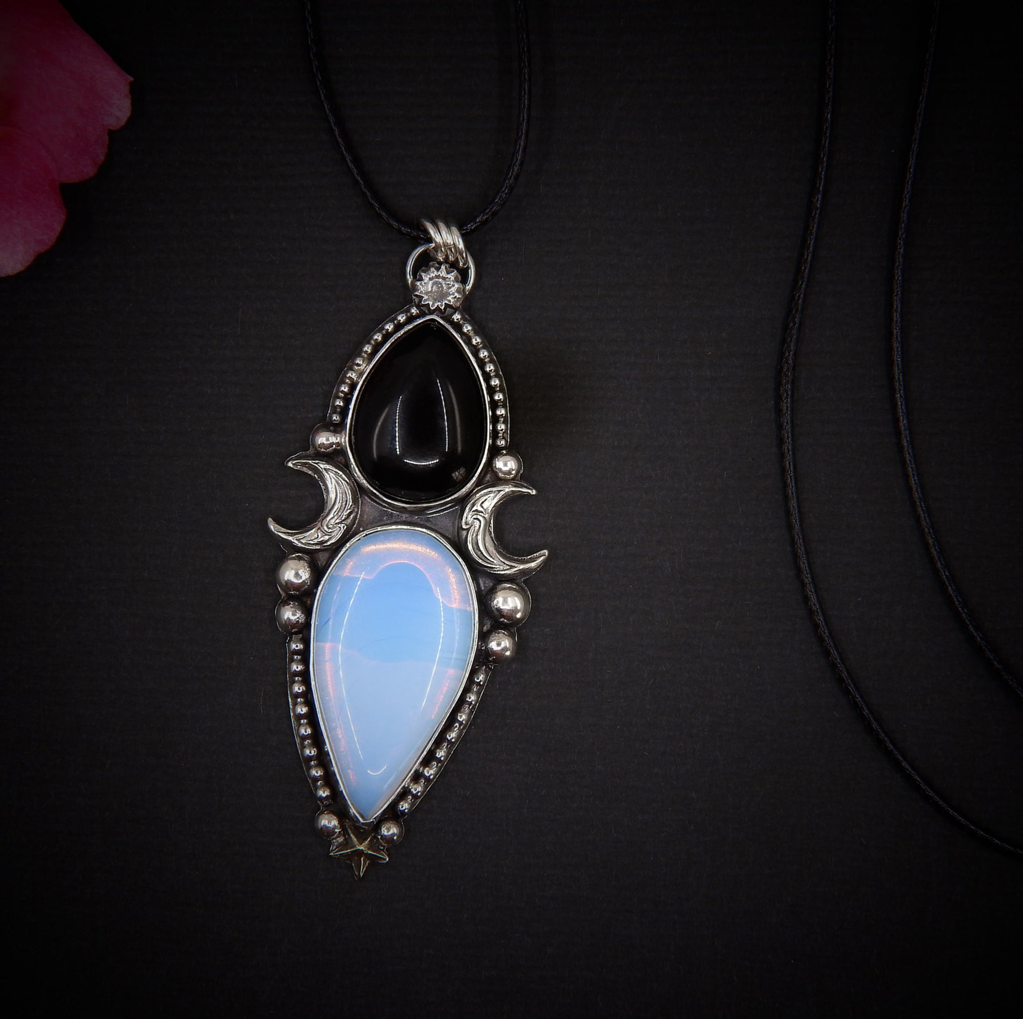 Black Onyx & Opalite Pendant - Sterling Silver - Crescent Moon Celestial Jewellery