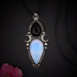 Black Onyx & Opalite Pendant - Sterling Silver - Crescent Moon Celestial Jewellery