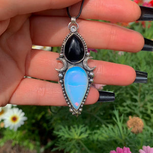 Black Onyx & Opalite Pendant - Sterling Silver - Crescent Moon Celestial Jewellery