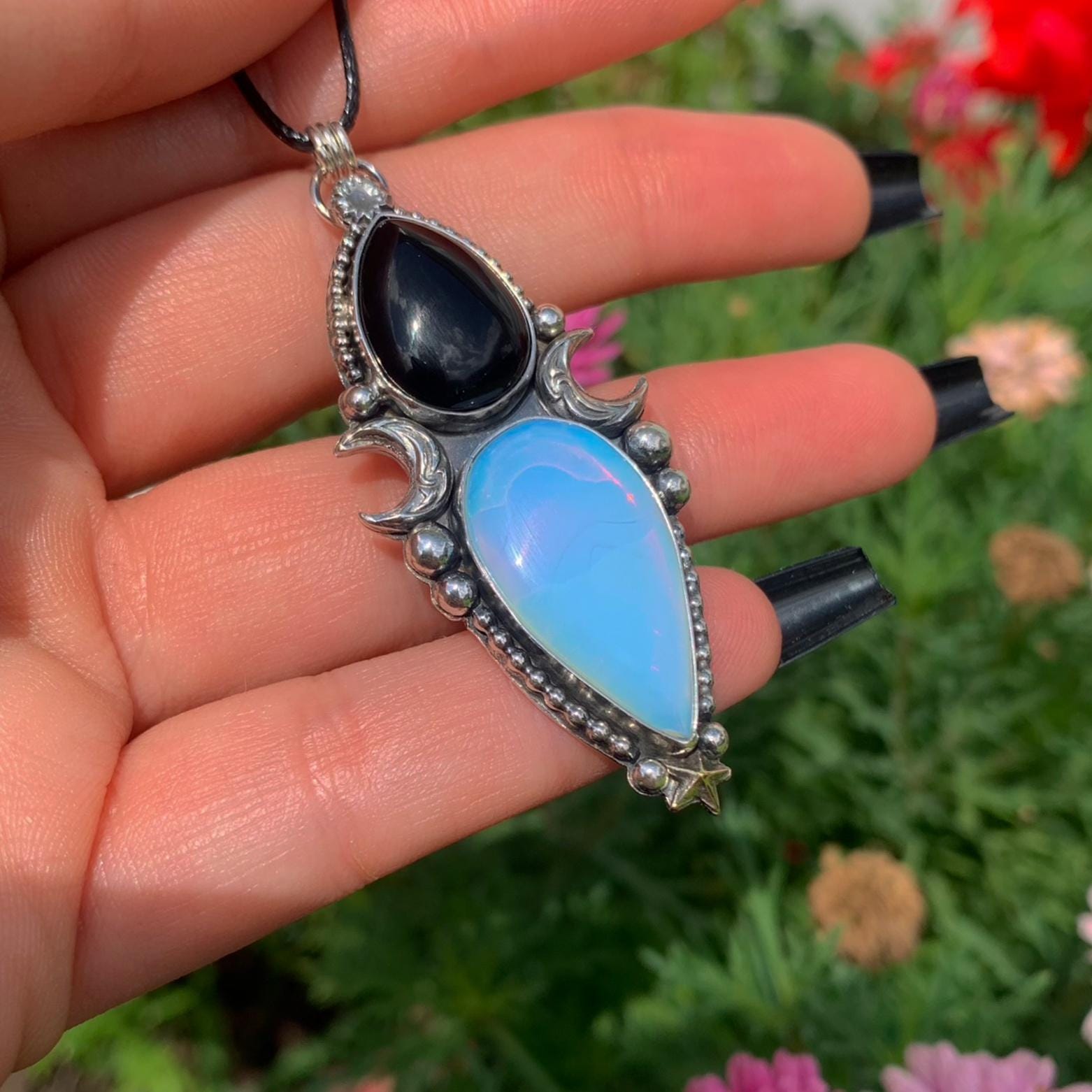 Black Onyx & Opalite Pendant - Sterling Silver - Crescent Moon Celestial Jewellery