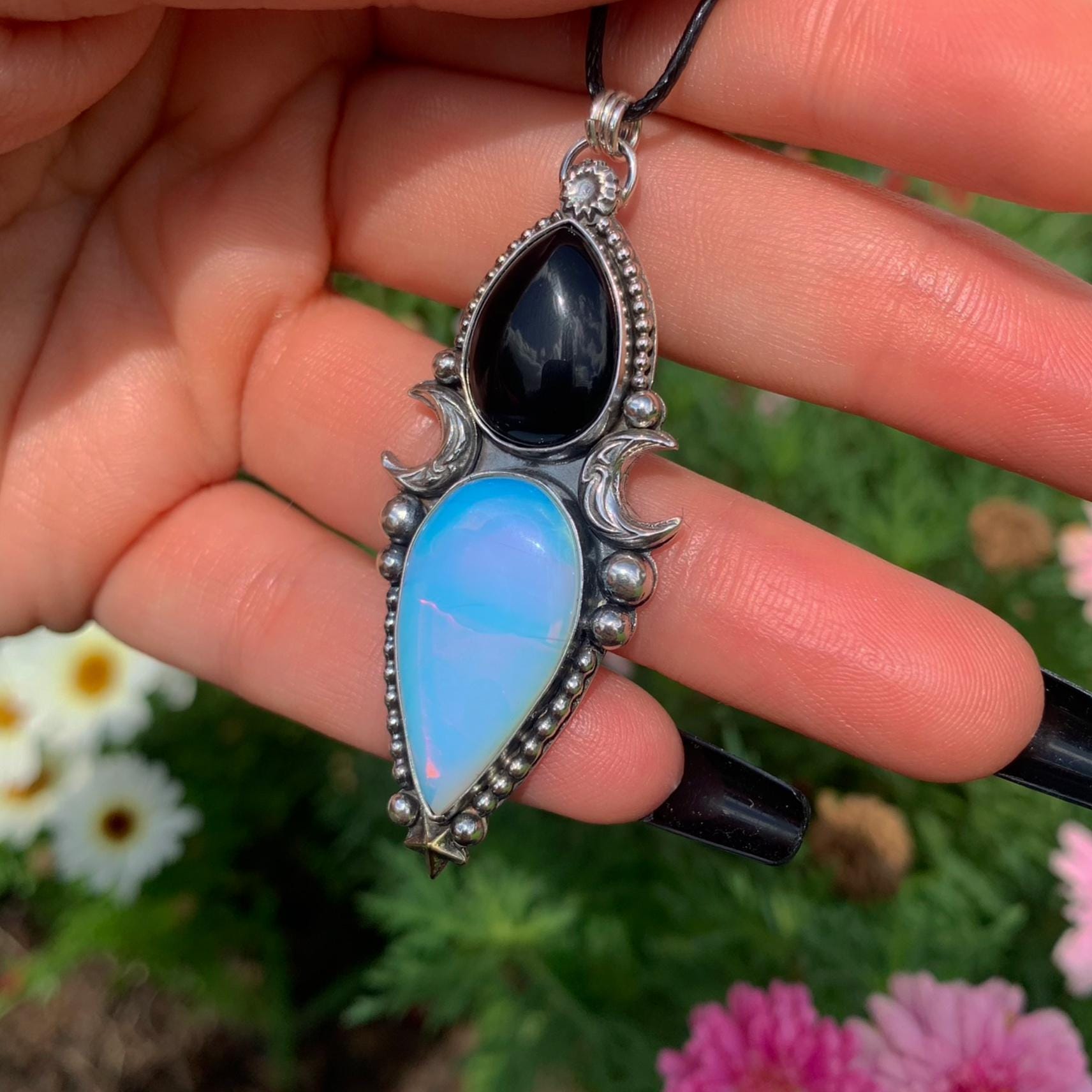 Black Onyx & Opalite Pendant - Sterling Silver - Crescent Moon Celestial Jewellery