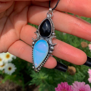 Black Onyx & Opalite Pendant - Sterling Silver - Crescent Moon Celestial Jewellery