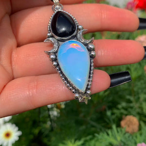 Black Onyx & Opalite Pendant - Sterling Silver - Crescent Moon Celestial Jewellery