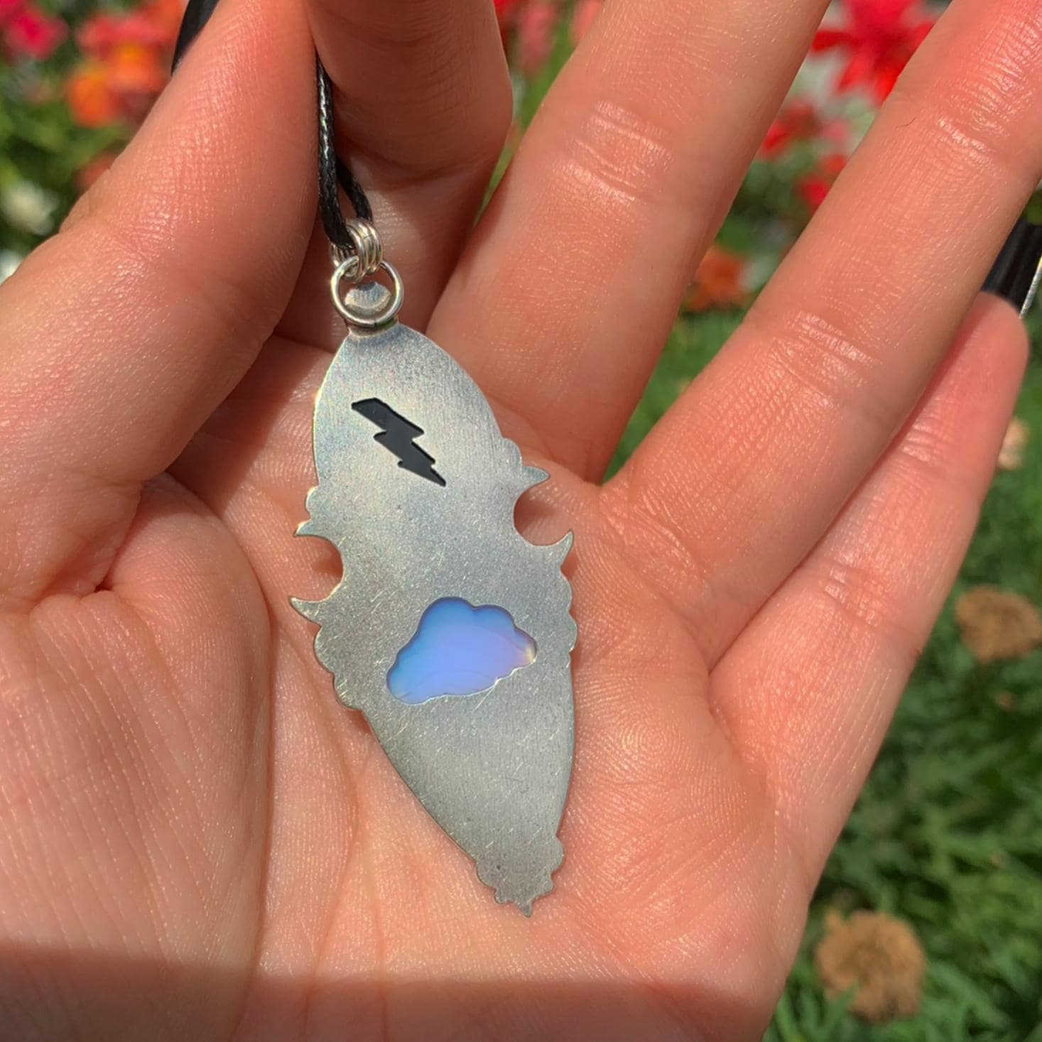 Black Onyx & Opalite Pendant - Sterling Silver - Crescent Moon Celestial Jewellery