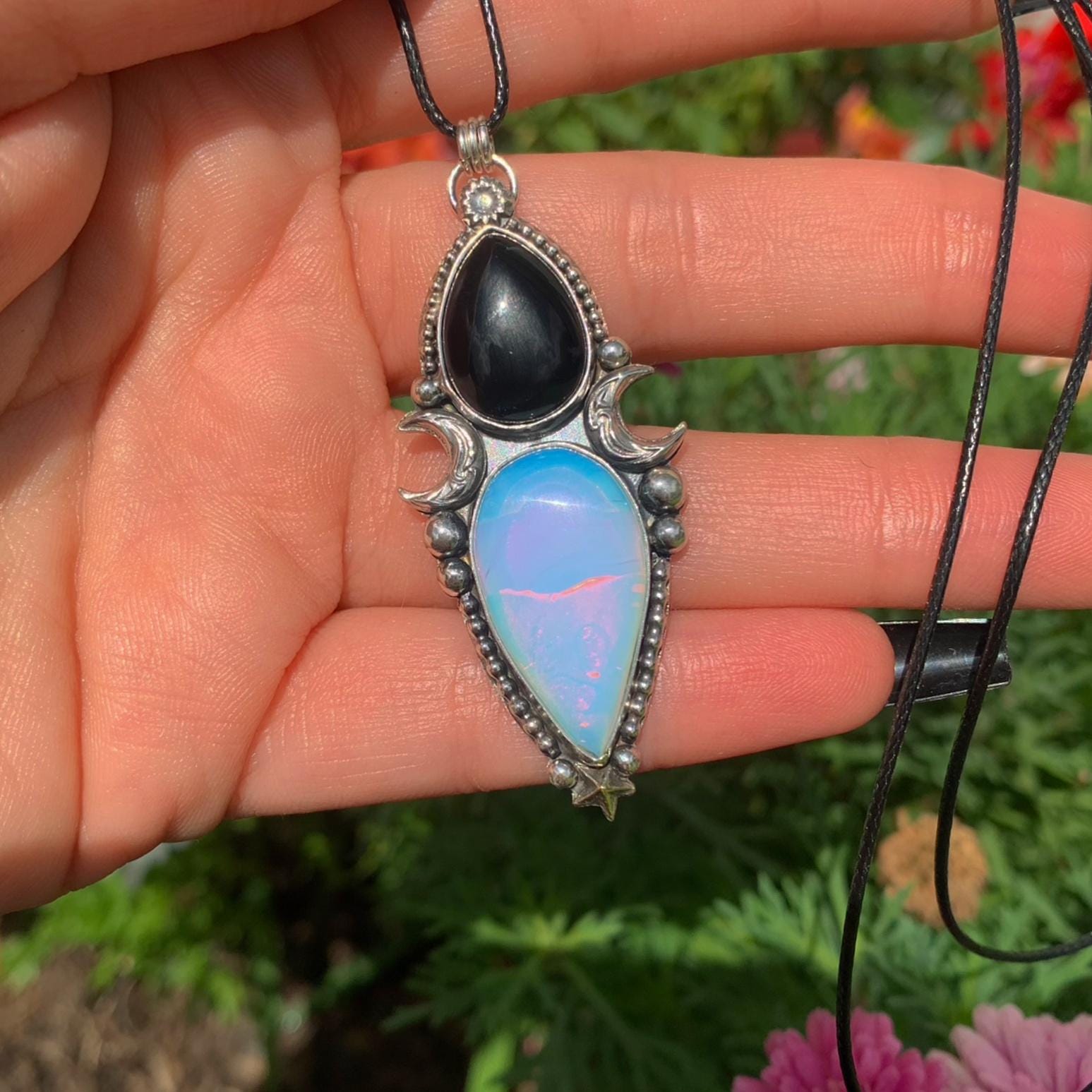 Black Onyx & Opalite Pendant - Sterling Silver - Crescent Moon Celestial Jewellery