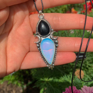 Black Onyx & Opalite Pendant - Sterling Silver - Crescent Moon Celestial Jewellery