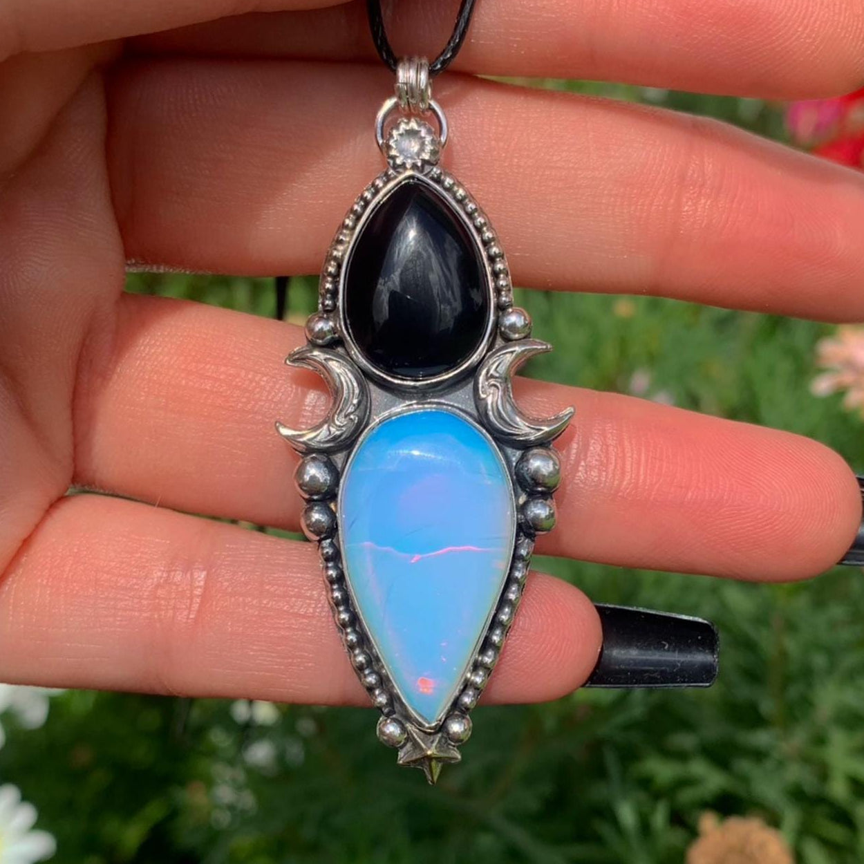 Black Onyx & Opalite Pendant - Sterling Silver - Crescent Moon Celestial Jewellery