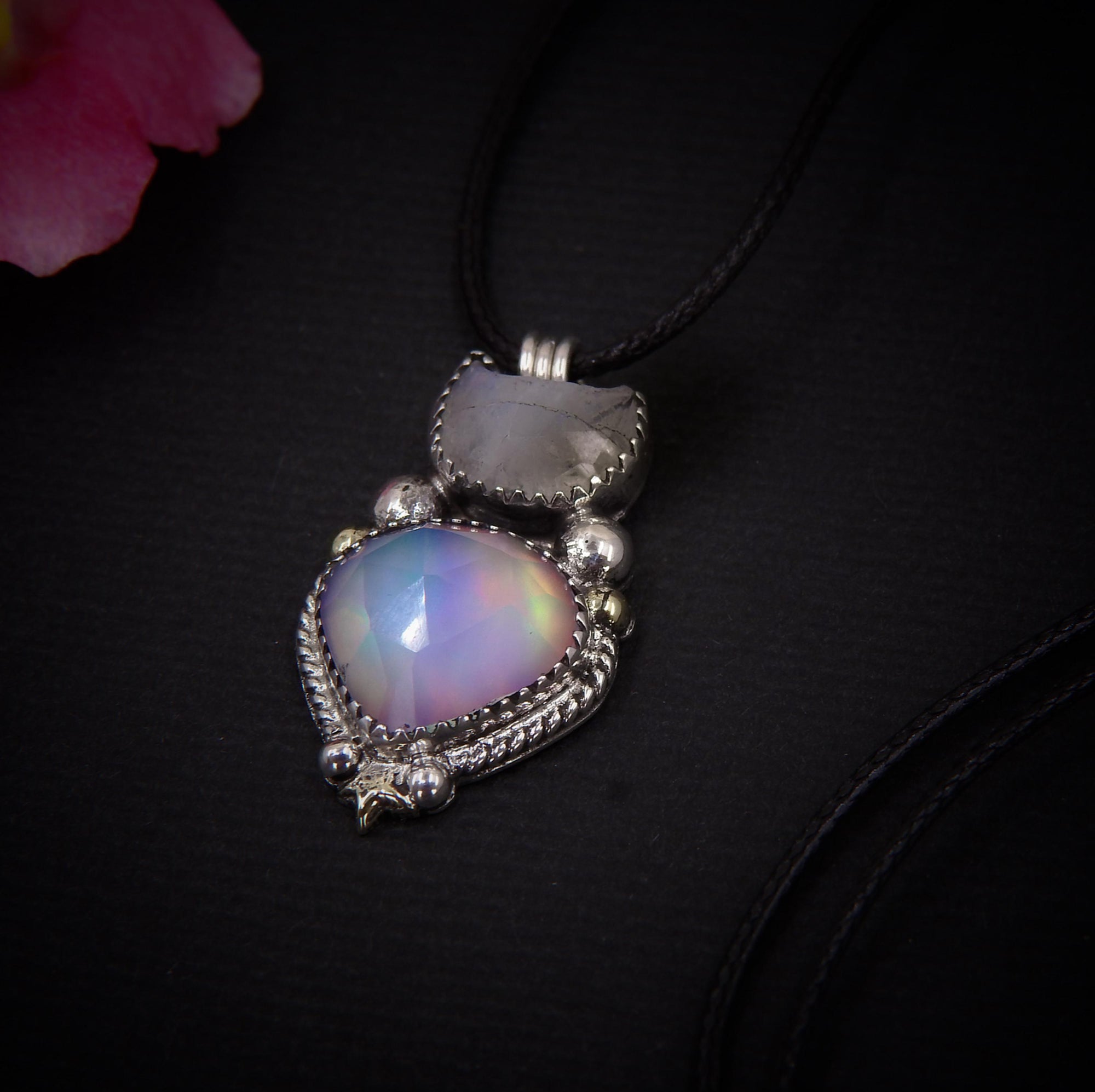 Moonstone & Rose Cut Clear Quartz with Aurora Opal Pendant - Sterling Silver - Crescent Moon Celestial Jewellery