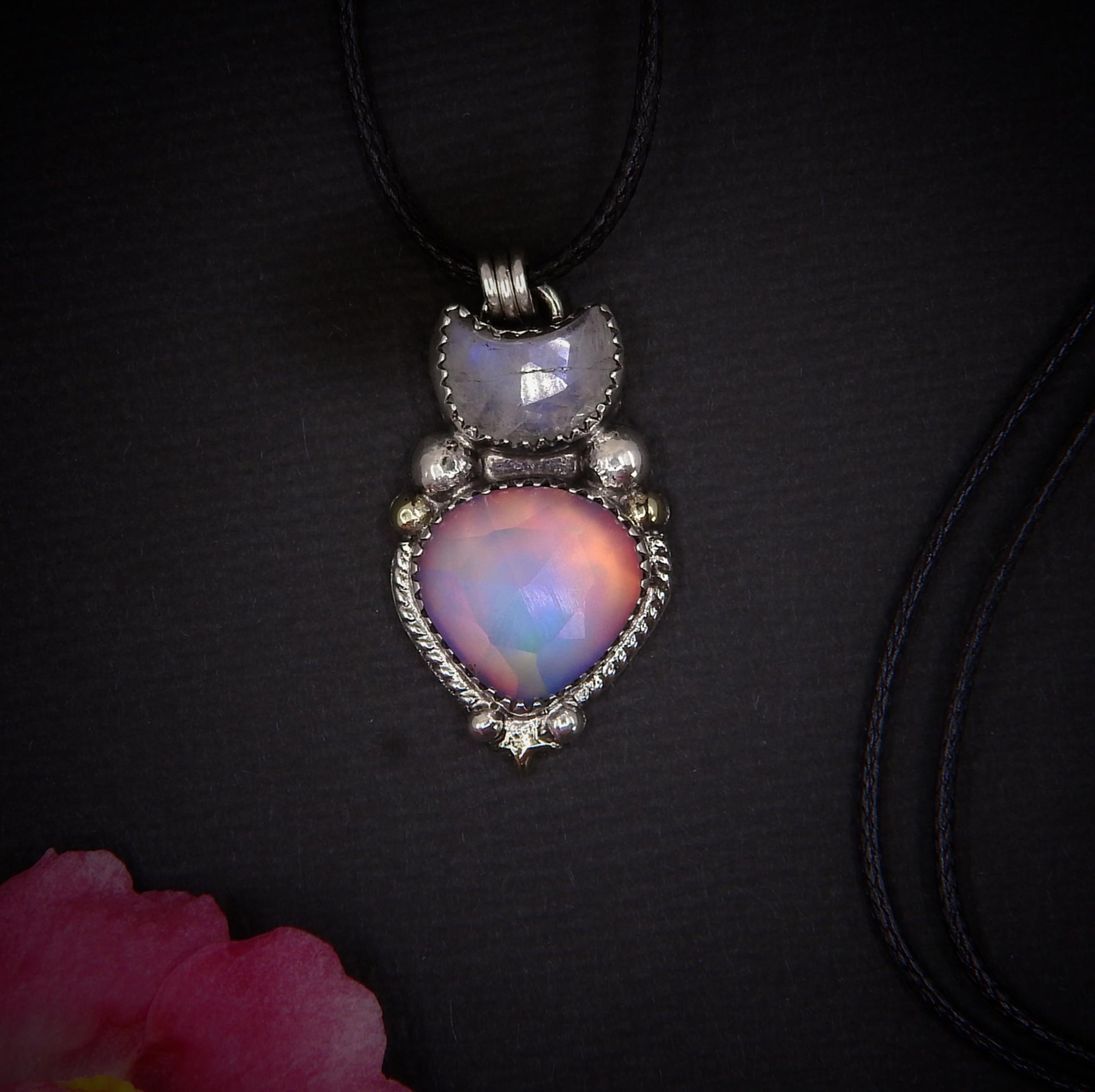 Moonstone & Rose Cut Clear Quartz with Aurora Opal Pendant - Sterling Silver - Crescent Moon Celestial Jewellery