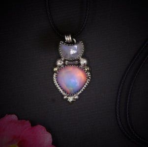 Moonstone & Rose Cut Clear Quartz with Aurora Opal Pendant - Sterling Silver - Crescent Moon Celestial Jewellery