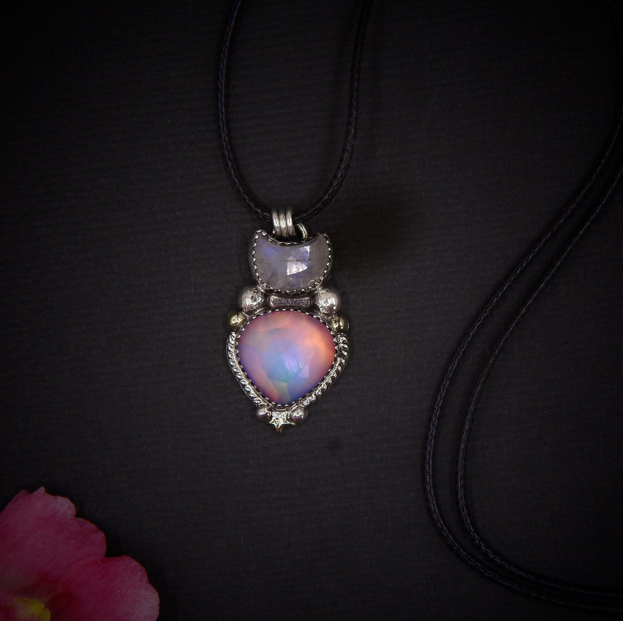 Moonstone & Rose Cut Clear Quartz with Aurora Opal Pendant - Sterling Silver - Crescent Moon Celestial Jewellery