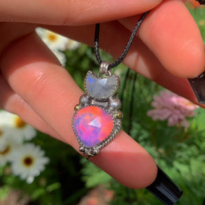 Moonstone & Rose Cut Clear Quartz with Aurora Opal Pendant - Sterling Silver - Crescent Moon Celestial Jewellery