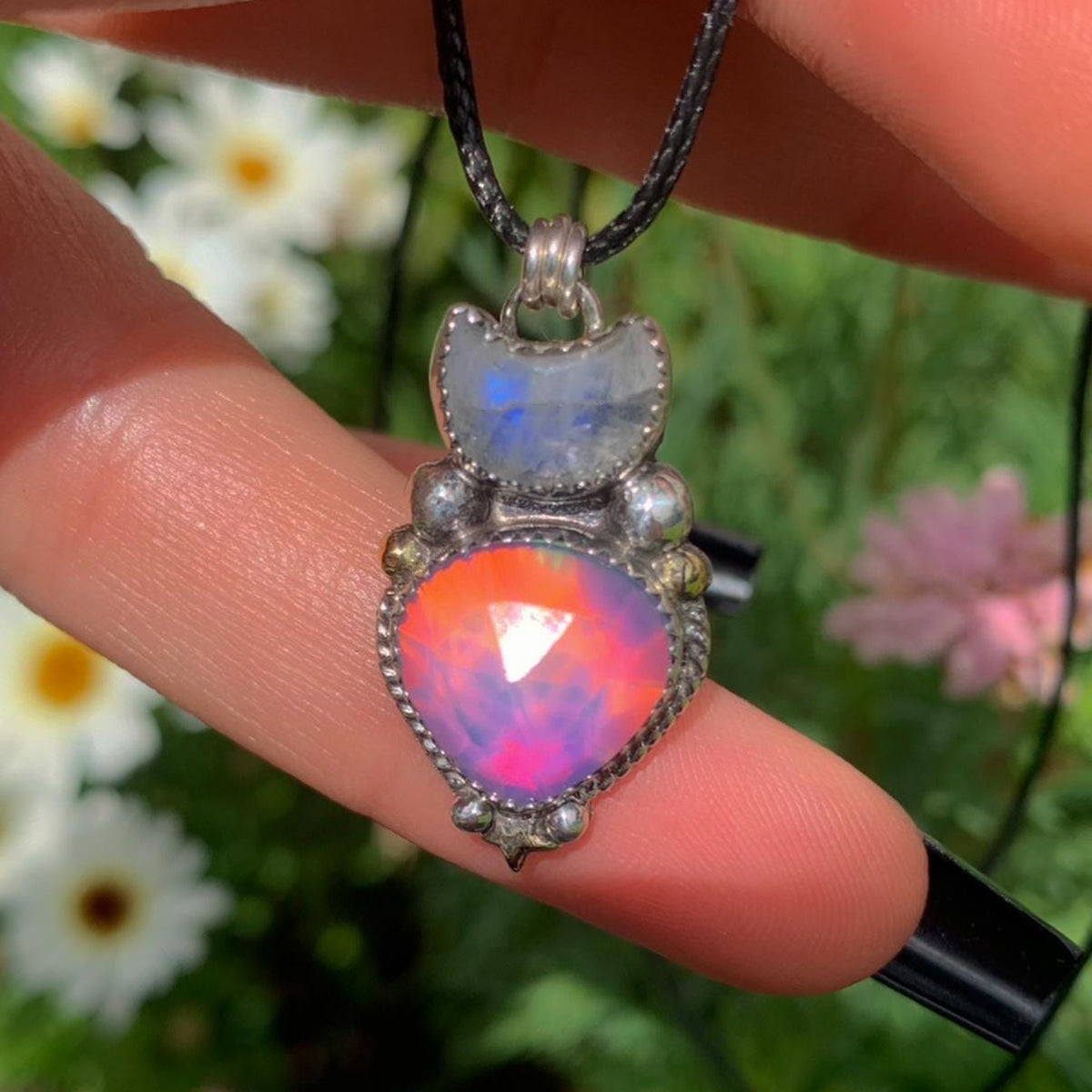 Moonstone & Rose Cut Clear Quartz with Aurora Opal Pendant - Sterling Silver - Crescent Moon Celestial Jewellery