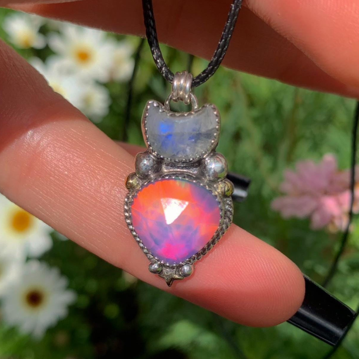 Moonstone & Rose Cut Clear Quartz with Aurora Opal Pendant - Sterling Silver - Crescent Moon Celestial Jewellery