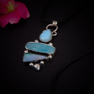 Larimar, Smithsonite & Australian Boulder Opal Pendant - Sterling Silver - Mermaid Necklace
