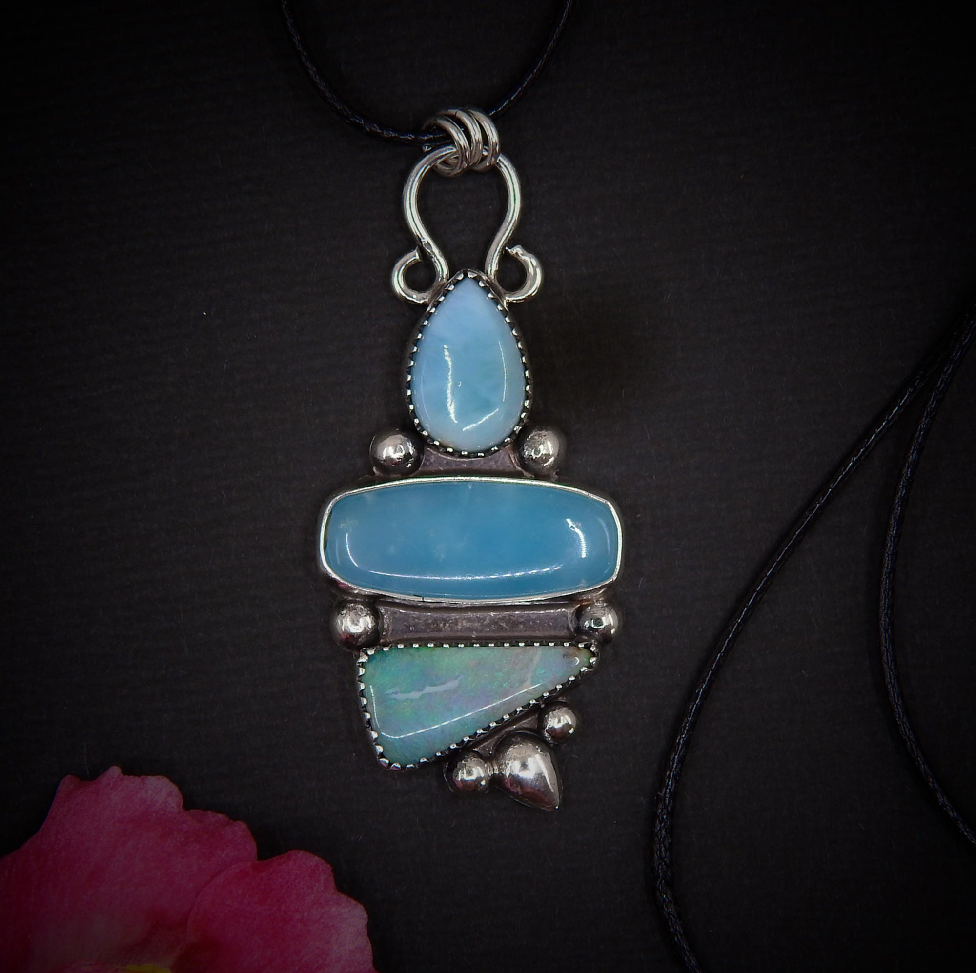 Larimar, Smithsonite & Australian Boulder Opal Pendant - Sterling Silver - Mermaid Necklace