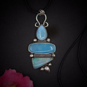 Larimar, Smithsonite & Australian Boulder Opal Pendant - Sterling Silver - Mermaid Necklace