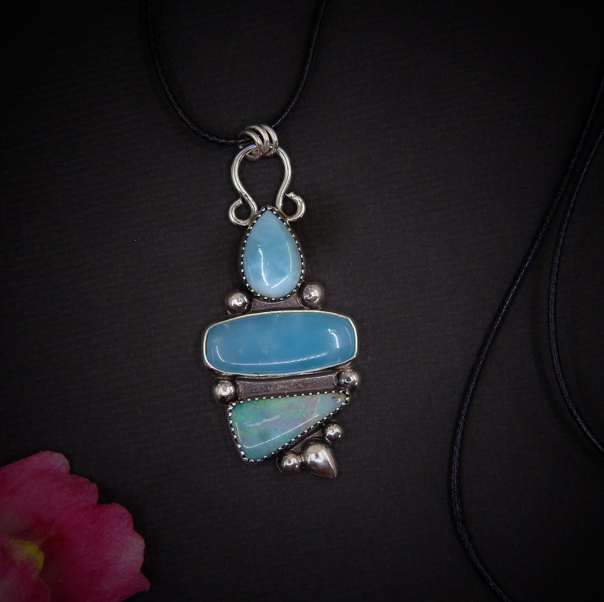 Larimar, Smithsonite & Australian Boulder Opal Pendant - Sterling Silver - Mermaid Necklace