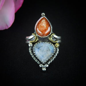 Sunstone & Moonstone Ring - Size 6 1/4 - Sterling Silver - Crescent Moon and Sun Jewelry - Sunstone Jewellery - Multi Stone Celestial OOAK