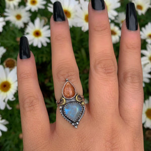 Sunstone & Moonstone Ring - Size 6 1/4 - Sterling Silver - Crescent Moon and Sun Jewelry - Sunstone Jewellery - Multi Stone Celestial OOAK