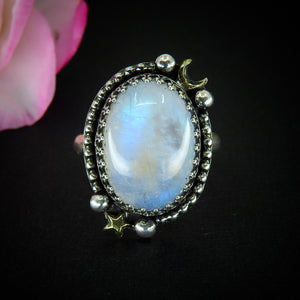 Moonstone Ring - Size 10 - Sterling Silver - Celestial Rainbiw Moonstone Jewelry - Moon & Star Jewellery - Large Blue Moonstone Statement