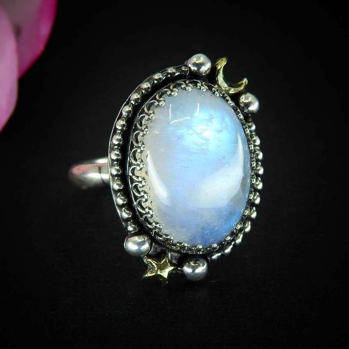 Moonstone Ring - Size 10 - Sterling Silver - Celestial Rainbiw Moonstone Jewelry - Moon & Star Jewellery - Large Blue Moonstone Statement