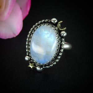 Moonstone Ring - Size 10 - Sterling Silver - Celestial Rainbiw Moonstone Jewelry - Moon & Star Jewellery - Large Blue Moonstone Statement