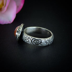 Sunstone Ring - Size 8 - Sterling Silver - Rose Cut Sunstone Jewelry - Sunstone Jewellery - Thick Floral Detailed Ring Band OOAK