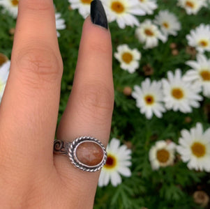 Sunstone Ring - Size 8 - Sterling Silver - Rose Cut Sunstone Jewelry - Sunstone Jewellery - Thick Floral Detailed Ring Band OOAK