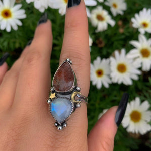 Sunstone & Moonstone Ring - Size 7 1/4 to 7 1/2 - Sterling Silver - Crescent Moon and Star Jewelry - Multi Stone Celestial Sunstone Ring