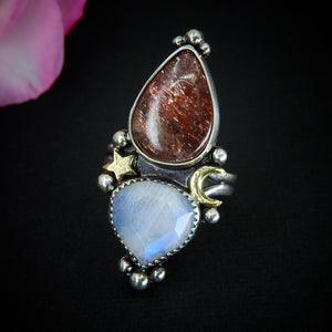 Sunstone & Moonstone Ring - Size 7 1/4 to 7 1/2 - Sterling Silver - Crescent Moon and Star Jewelry - Multi Stone Celestial Sunstone Ring