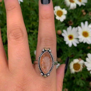 Sunstone Ring - Size 11 1/4 - Sterling Silver - Marquise Sunstone Jewelry - Confetti Sunstone Jewelry - Crescent Moon & Star Celestial Ring