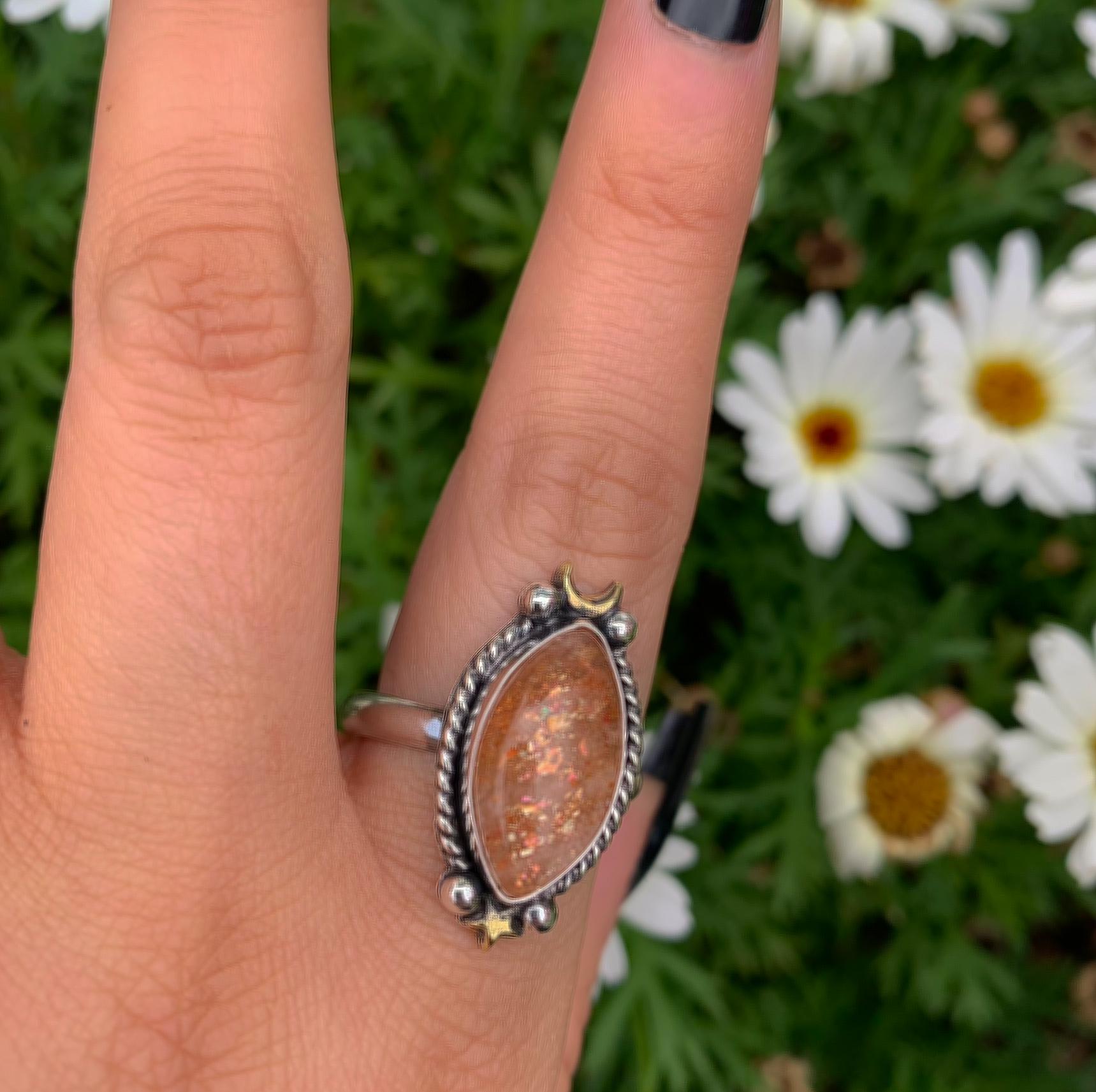 Sunstone Ring - Size 11 1/4 - Sterling Silver - Marquise Sunstone Jewelry - Confetti Sunstone Jewelry - Crescent Moon & Star Celestial Ring