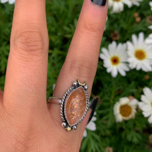 Sunstone Ring - Size 11 1/4 - Sterling Silver - Marquise Sunstone Jewelry - Confetti Sunstone Jewelry - Crescent Moon & Star Celestial Ring