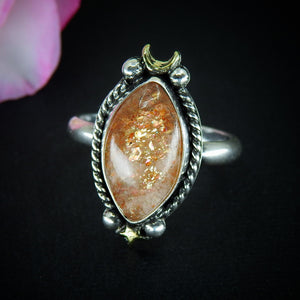 Sunstone Ring - Size 11 1/4 - Sterling Silver - Marquise Sunstone Jewelry - Confetti Sunstone Jewelry - Crescent Moon & Star Celestial Ring