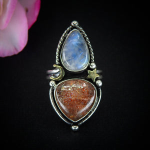 Sunstone & Moonstone Ring - Size 9 - Sterling Silver - Crescent Moon, Sun and Star Jewelry - Confetti Sunstone - Multi Stone Celestial Ring