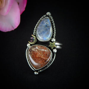 Sunstone & Moonstone Ring - Size 9 - Sterling Silver - Crescent Moon, Sun and Star Jewelry - Confetti Sunstone - Multi Stone Celestial Ring