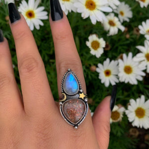 Sunstone & Moonstone Ring - Size 9 - Sterling Silver - Crescent Moon, Sun and Star Jewelry - Confetti Sunstone - Multi Stone Celestial Ring