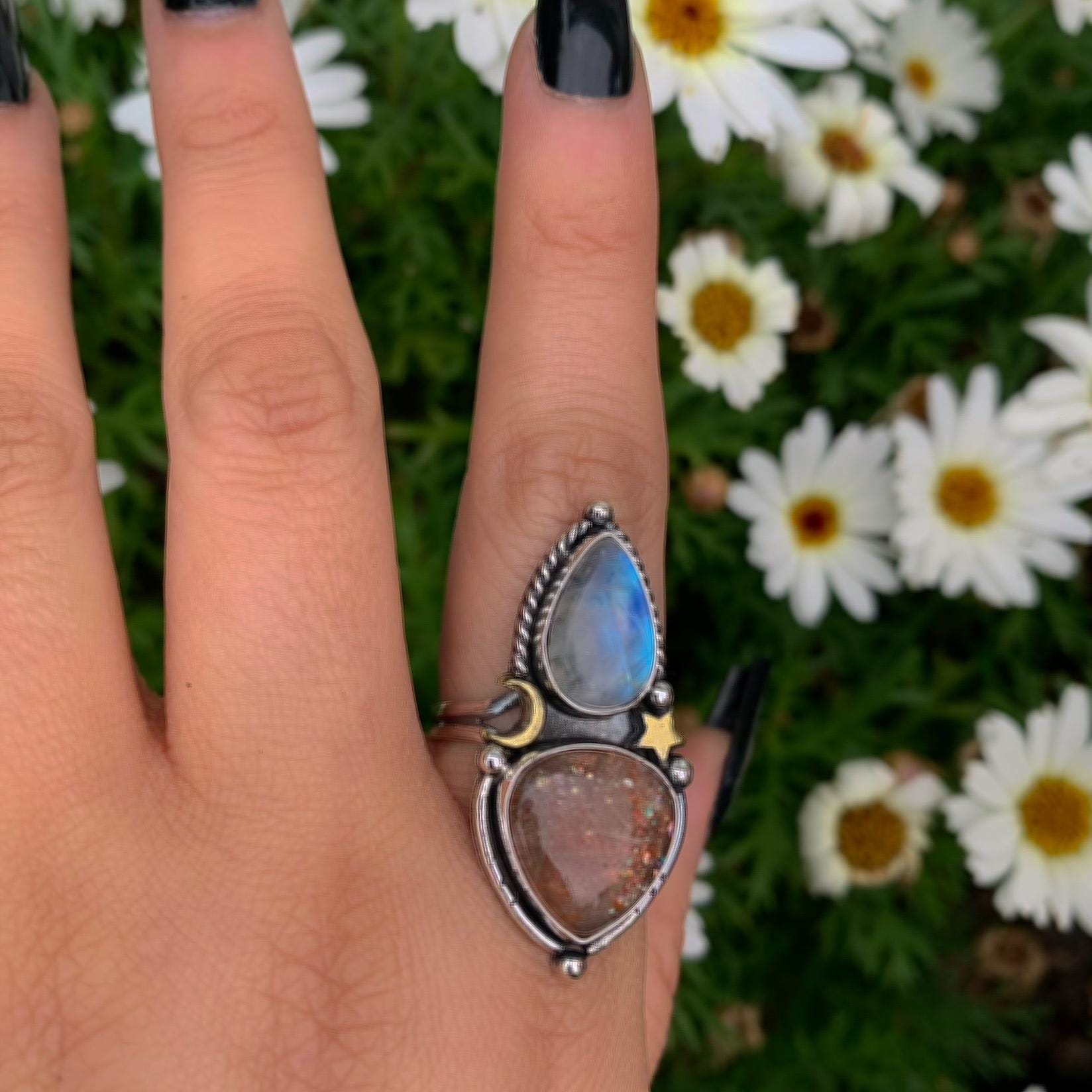 Sunstone & Moonstone Ring - Size 9 - Sterling Silver - Crescent Moon, Sun and Star Jewelry - Confetti Sunstone - Multi Stone Celestial Ring