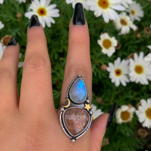 Sunstone & Moonstone Ring - Size 9 - Sterling Silver - Crescent Moon, Sun and Star Jewelry - Confetti Sunstone - Multi Stone Celestial Ring