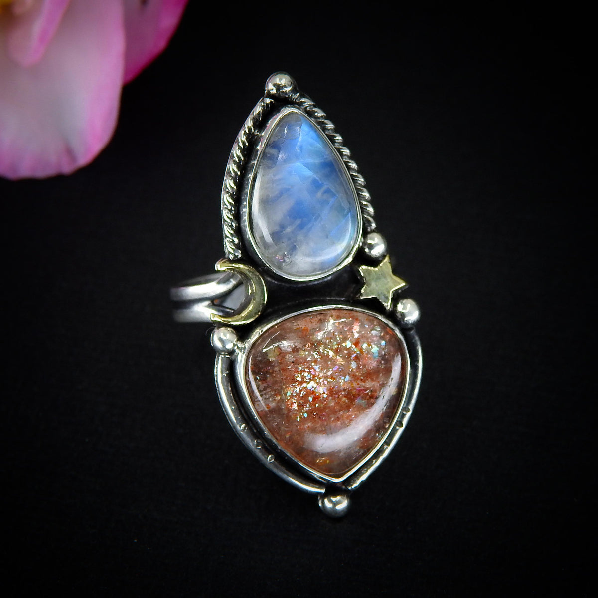 Sunstone & Moonstone Ring - Size 9 - Sterling Silver - Crescent Moon, Sun and Star Jewelry - Confetti Sunstone - Multi Stone Celestial Ring