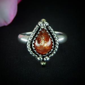 Sunstone Ring - Size 5 - Sterling Silver - Dainty Sunstone Jewelry - Confetti Sunstone Jewellery - Teardrop Orange Gemstone Thick Ring Band