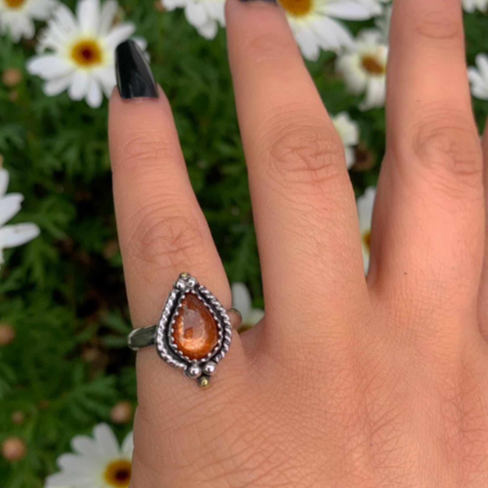 Sunstone Ring - Size 5 - Sterling Silver - Dainty Sunstone Jewelry - Confetti Sunstone Jewellery - Teardrop Orange Gemstone Thick Ring Band