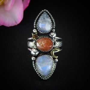 Sunstone & Moonstone Ring - Size 9 to 9 1/4 - Sterling Silver - Crescent Moon, Sun and Star Jewellery - Confetti Triple Stone Celestial Ring